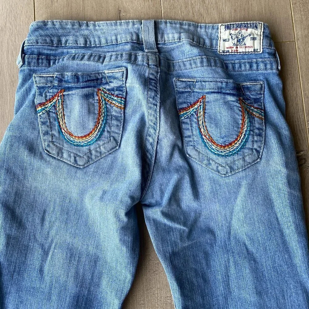 True Religion Straight Leg Jeans Womens 29 Light Wash Rainbow  Pockets